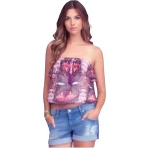 NEW Bebe Pink and Black Boho Print Strapless Ruffle Blouson Top Size Small